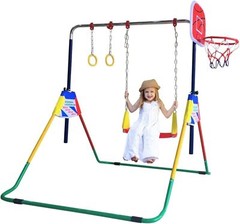 Adjustable Kids Gymnastics Bar Set w/ Swing, Rings, Hoop – Home Training & Fun