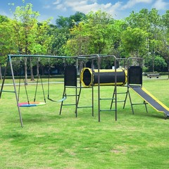 Large Metal Swing Set with 2 Swings, Tunnel, Slide,Climbing Ladder Monkey Bars