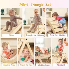 Pikler Triangle Set with Cushion, 7 in 1 Toddler Climbing Toys Nature Wood