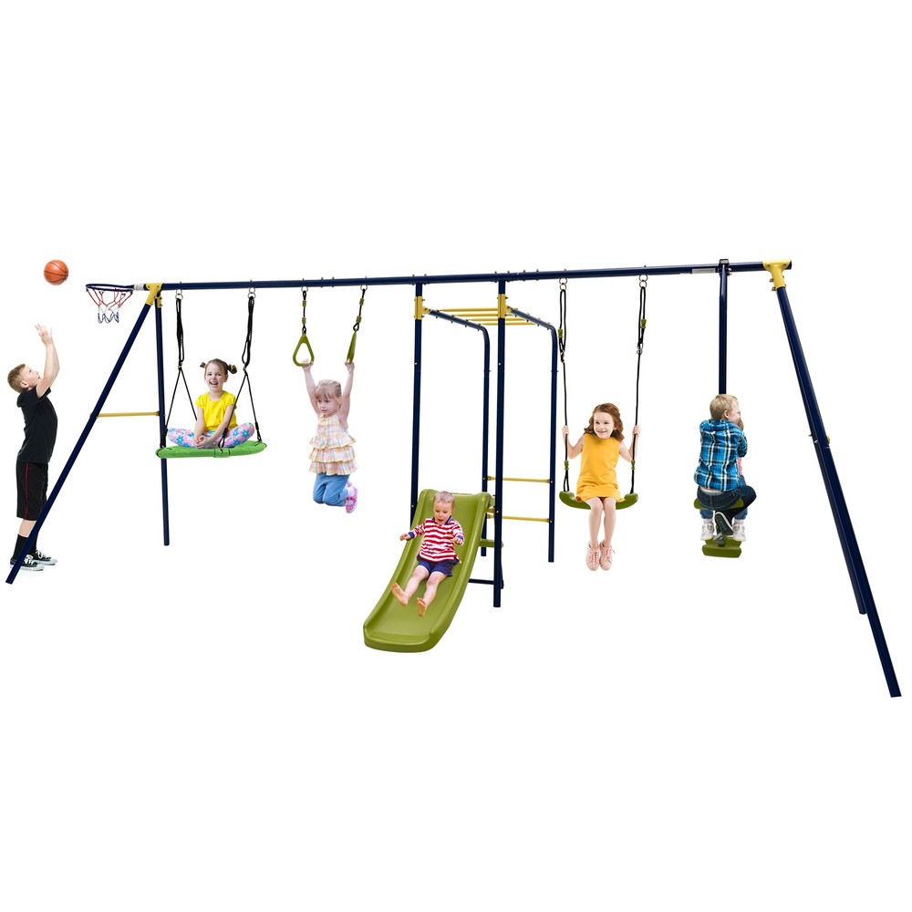 660 lbs Kids Metal Swing Set for Backyard 7-in-1 Multifunctional Swing Set