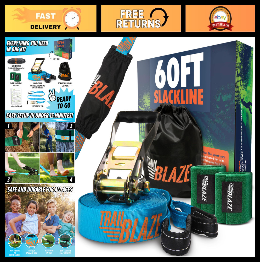 60ft Slackline Kit for Backyard Fun – Ninja Warrior Obstacle Course, Kids & Adul