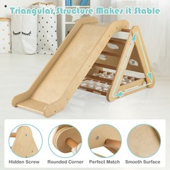 4 in 1 Wooden Climbing Set w/ 3-Side Triangle Climber & Sliding Board Natural