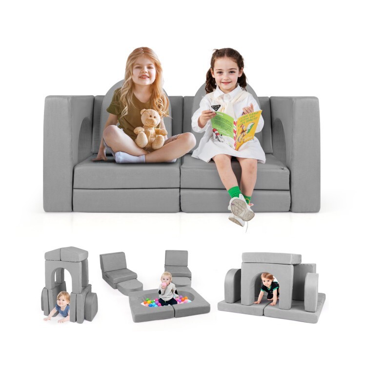 8-Pcs Modular Children Play Couch Sofa Climbing Blocks Set W/ Comfy Suede Fabric