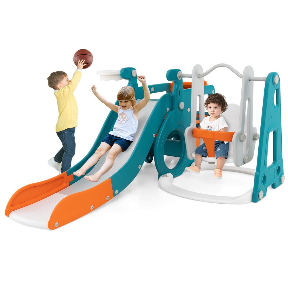 5-in-1 Toddler Slide Set w/ Basketball Hoop and Swing Baby Slide Playset Indoor
