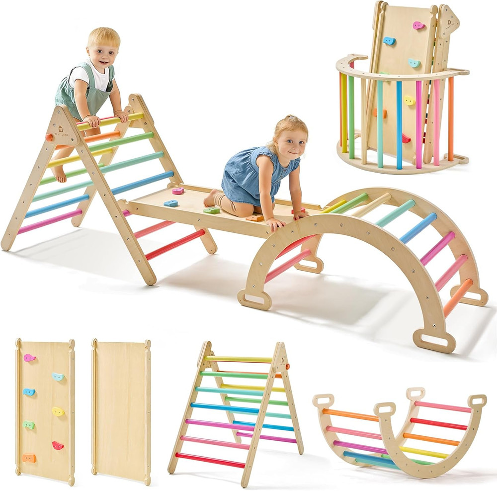 Tiny Land Pikler Triangle Set, 7-In-1 Foldable Pikler Triangle Climbing Toys Set