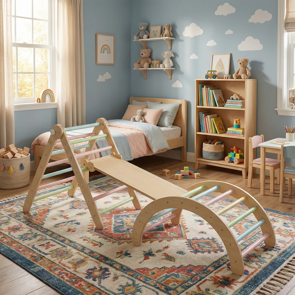 Wooden Toddler Climbing Arch Ramp Ladder Set, Indoor Playground Toy US