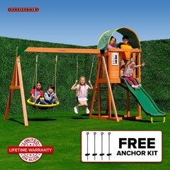 BACKYARD WOODEN SWING SET W/ 2-PERSON SAUCER SWING 6′ SLIDE PLAYGROUND FORT