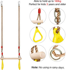 Playground Children’S Wooden Trapeze Swing Bar with Plastic Gym Rings Swing Set