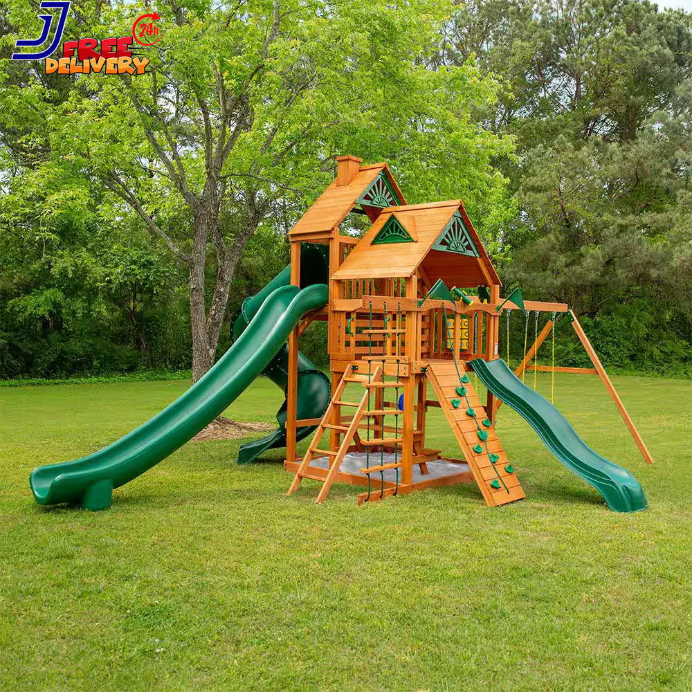 Wooden Outdoor Playground Set 3 Slides Sandbox Rock Wall Swing Set NEW