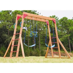 Heavy Duty Wood Swing Set for Backyard with Monkey Bars Trapeze Swing Bar and 2