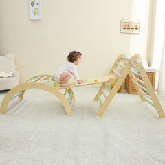Wooden Climbing Frame Toddlers Baby Climbing Toys Triangle Set with Ramp & Arch