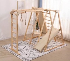 Funphix Wooden Climber Play Set with Slide, Monkey Bars, Ages 2-12