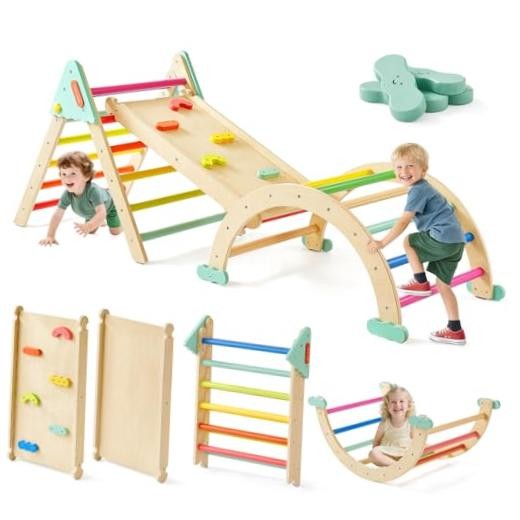 Pikler Triangle Set,7-in-1 Foldable Montessori Climbing Toys | Indoor Rainbow