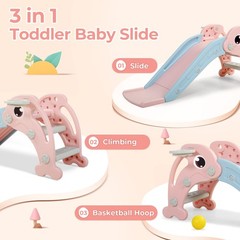 NYEEKOY 3 in 1 Toddler Slide, Indoor Slide 45.28″L x 20.47″W x 19.49″H, Pink