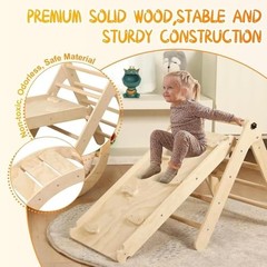 Pikler Triangle Set with Cushion, 7 in 1 Toddler Climbing Toys Nature Wood