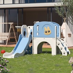 6 in 1 Toddler Slide Playset Climber Playground for Kids w/ Basketball Hoop Blue