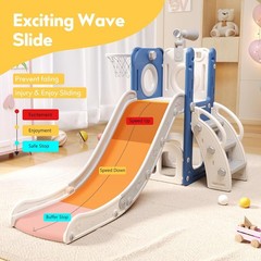 6 in 1 Toddler Playset with Hoop Ball Kids Playground Slide Outdoor Indoor Blue