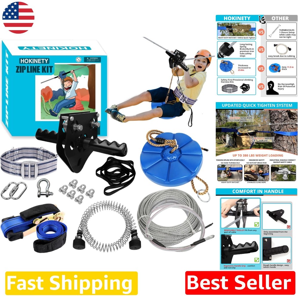 100ft Zip Line for Kids & Adults, 380LBS Capacity, Easy Ratchet Setup