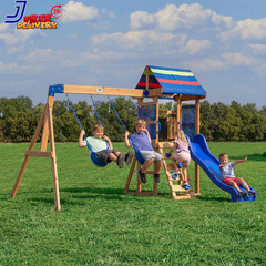 Wood Swing Set with Wave Slide Play Deck Rock Wall Ladder Belt Swings Outdoor