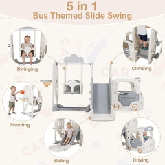 Toddler Slide and Swing Set, 5 in 1 Bus Themed Baby Slide with Climber Basketbal