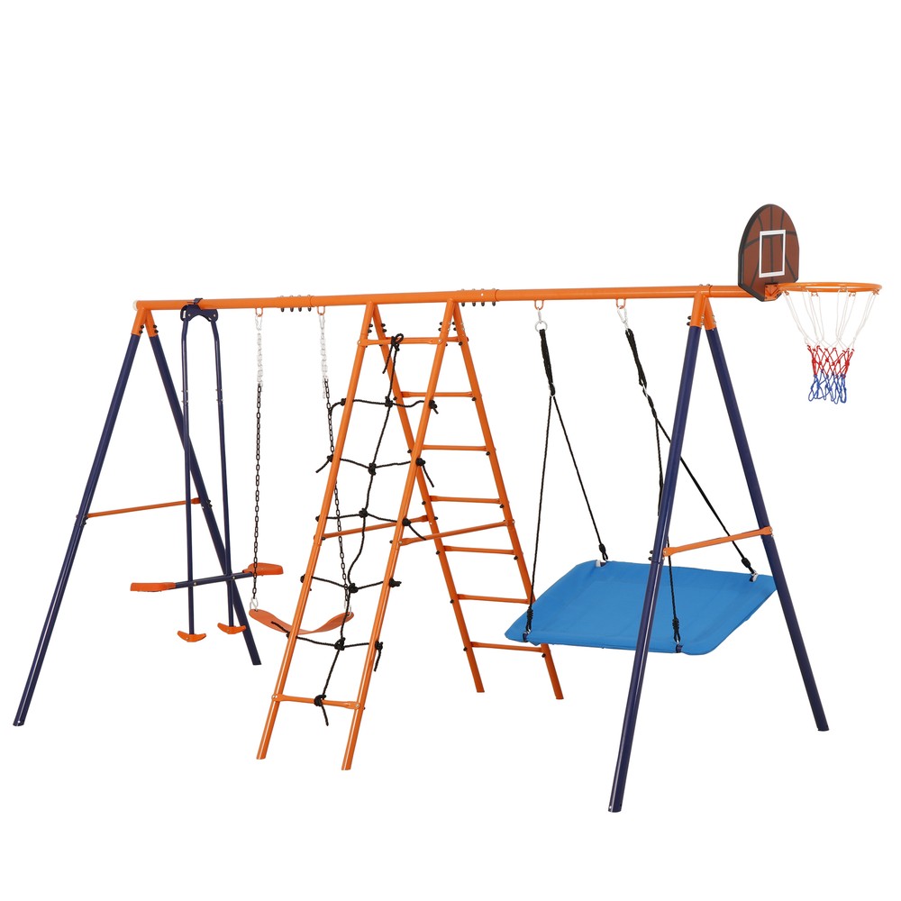Swing Sets for Backyard 6 in 1 440lbs Capacity Metal w/ 2 Swings Climbing Ladder