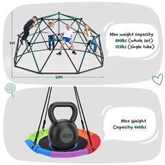 10ft Climbing Dome with Saucer Swing Metal Outdoor Dome Climber for Kids 800lbs