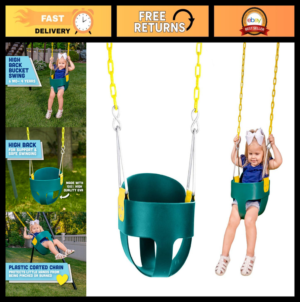 Toddler Swing Seat – High Back Full Bucket, Green | Plastic Coated Chains, Outdo