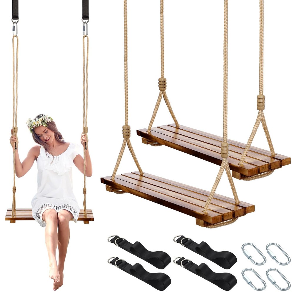 2 Pcs Wood Swing Seat Carbonized Hanging Wood Tree Swing with Adjustable Rope…