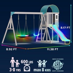 Backyard Cedar Swing Set w LED Swings Slide Fort Sandbox Heavy Duty A-Frame 6ft