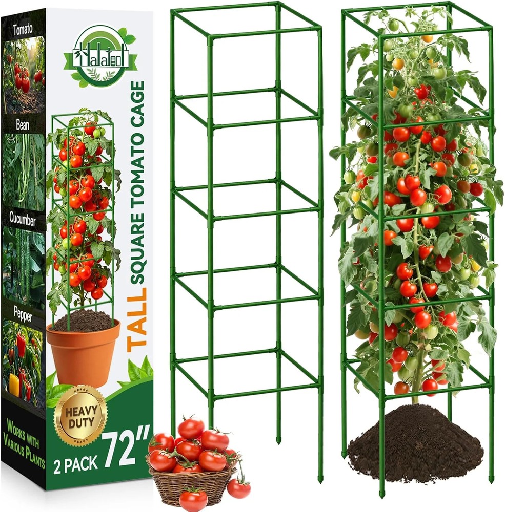 Halatool 2 Pack 72″ Tall Square Tomato Cages – Heavy Duty Metal Plant Cage for I