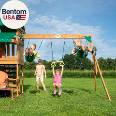 Belmont Cedar Wood Swing Set with Wave Slide, Play Deck, Rock Wall Ladder, Snack