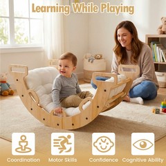 Wooden Rocking Climbing Arch w/Cushion, 3-in-1 Montessori Kids Climber Rocker