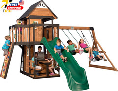 Wood Swing Set Backyard Discovery Canyon Creek Cedar Outdoor Playset with Wave..