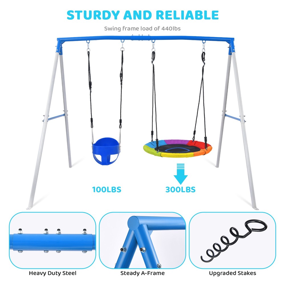 Trekassy 440lbs Metal Swing Set for Kids Backyard Heavy Duty Frame with 2 Swings