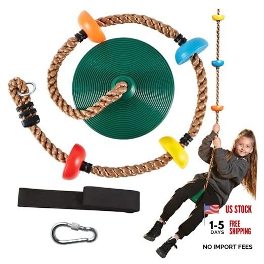 Tree Swing for Kids – Single Disc Seat and Climbing Rope Set w/Carabiner Green