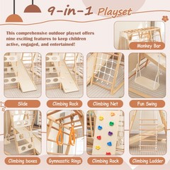 9-in-1 Indoor Wooden Play Structure w/ Slide & Climbing Wall for Toddlers Age 3+
