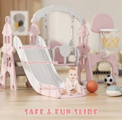 5-in-1 Pink & White Kids Playset: Slide Swing Climber Basketball Hoop Soccer