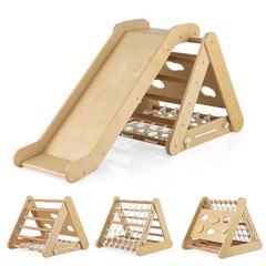 4 in 1 Wooden Climbing Set w/ 3-Side Triangle Climber & Sliding Board Natural