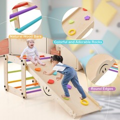 2-Piece Indoor Wooden Montessori Climbing Toys with DIY Climber, Slide & Seesaw