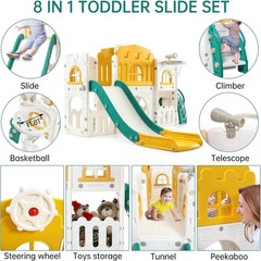 8 in 1 Toddler Slide Playset for Age 1-3 with Climber Toy Storage Orange & Green