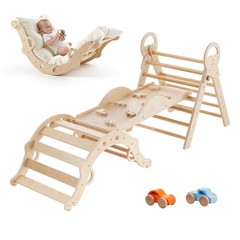 VEVOR Pikler Triangle Set 9-in-1 Toddler Climbing Toys with Wooden Cars Wood