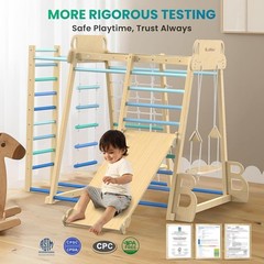 Indoor Jungle Gym 9-in-1 Wooden Montessori Climbing Kids Toys w/Slide, Swing, Mo