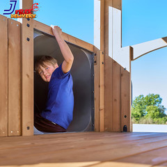 Wood Swing Set with Spiral Tube Slide Wave Slide Clubhouse Outdoor Playset