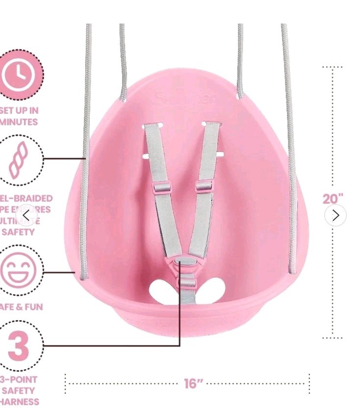 Swurfer Pink Toddler Swing Seat w/ Ropes, 3-Point Safety Harness, Age 1-4