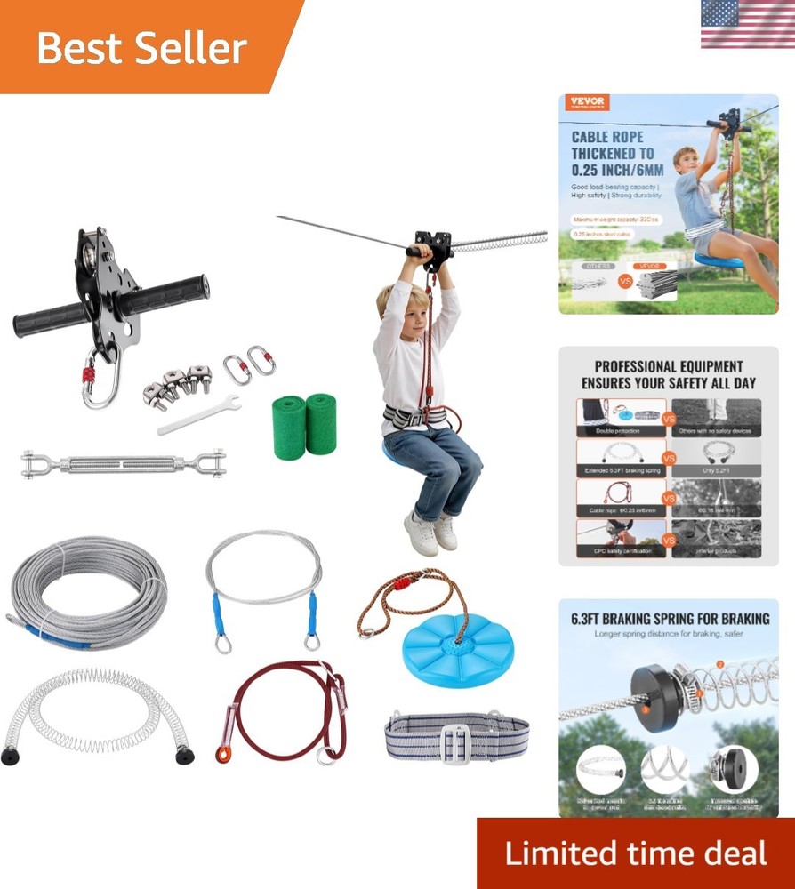 100 ft Zipline Kit for Kids – Safe Outdoor Fun Up to 330 lbs with Spring Brake
