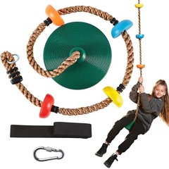 Tree Swing for Kids – Single Disc Seat and Climbing Rope Set w/Carabiner Green
