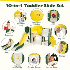 10 in 1 Toddler Slide Set w/Magnetic Whiteboard, Telescope Ring Toss for Ages 3+