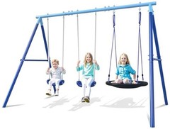 3-in-1 Swing Set for Backyard for Kids 3-8, 550lbs, Heavy Duty Metal A Blue