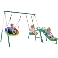 Qaba Metal Swing Set with Slide, Heavy Duty Swing Set, Dark Green