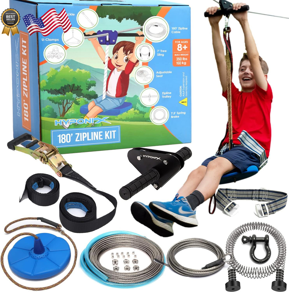 Hyponix Sporting Zip Line Kit for Kids and Adults, 100/120/150/200 ft, Up